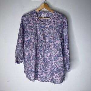 J JIll Love Linen Blouse Blue Purple Paisley Henley 100% Linen small